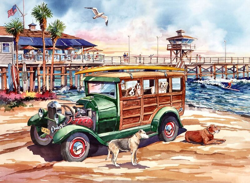 Vintage Green Car on Beach