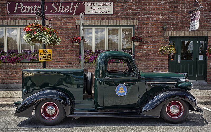 Vintage green truck in front of Pantry Shelf