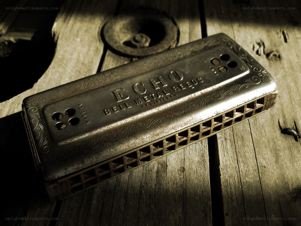 vintage harmonica on wood