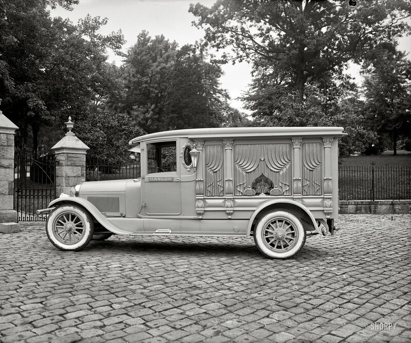 Vintage hearse on cobblestones