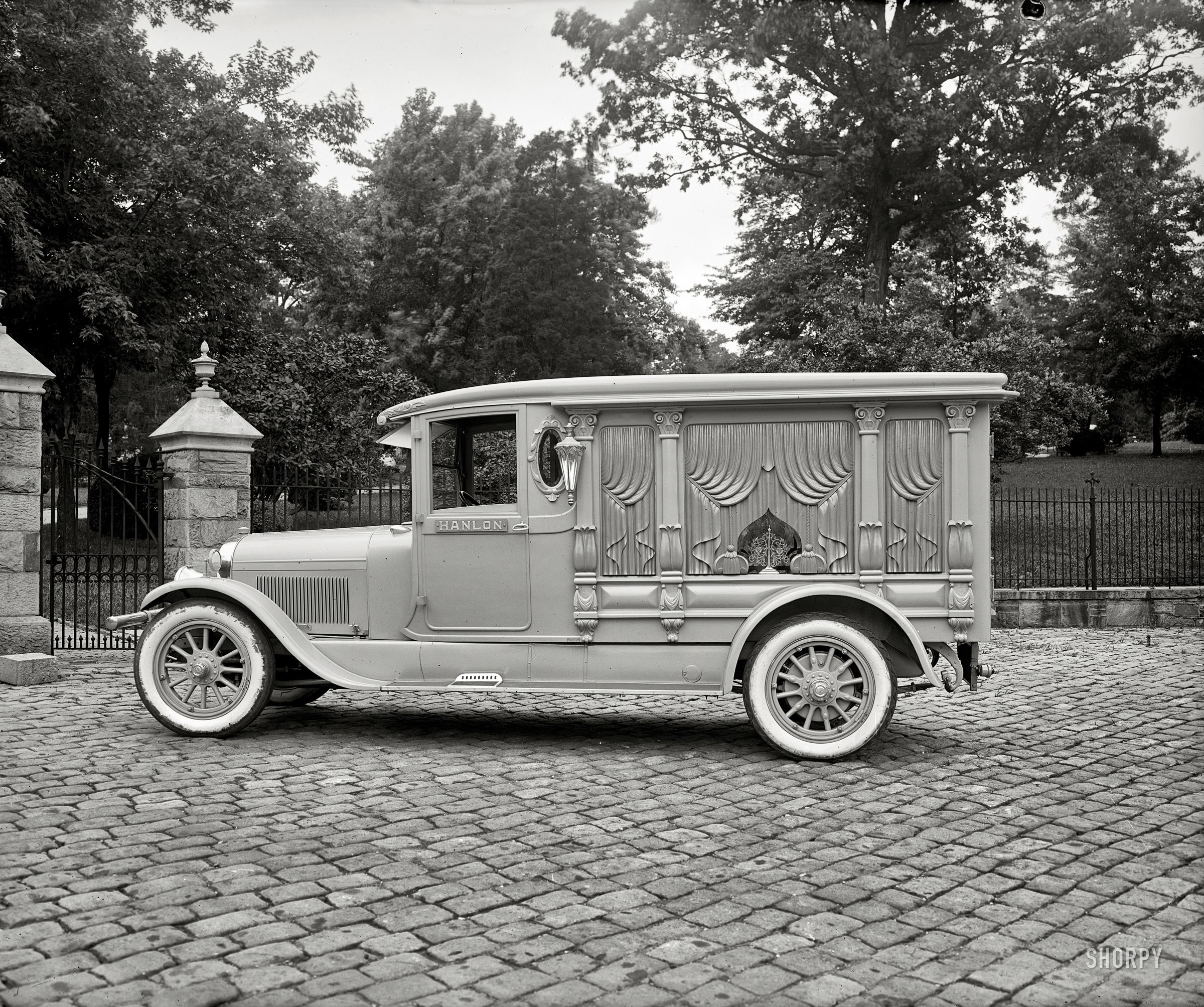 Vintage hearse on cobblestones