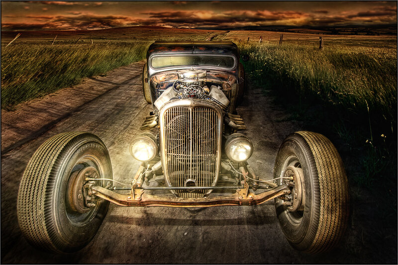 vintage hot rod on country road