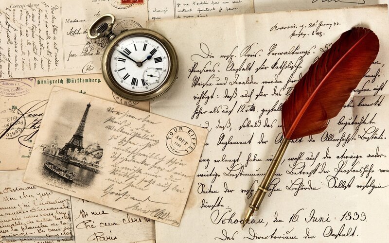 Vintage letters and pocket watch