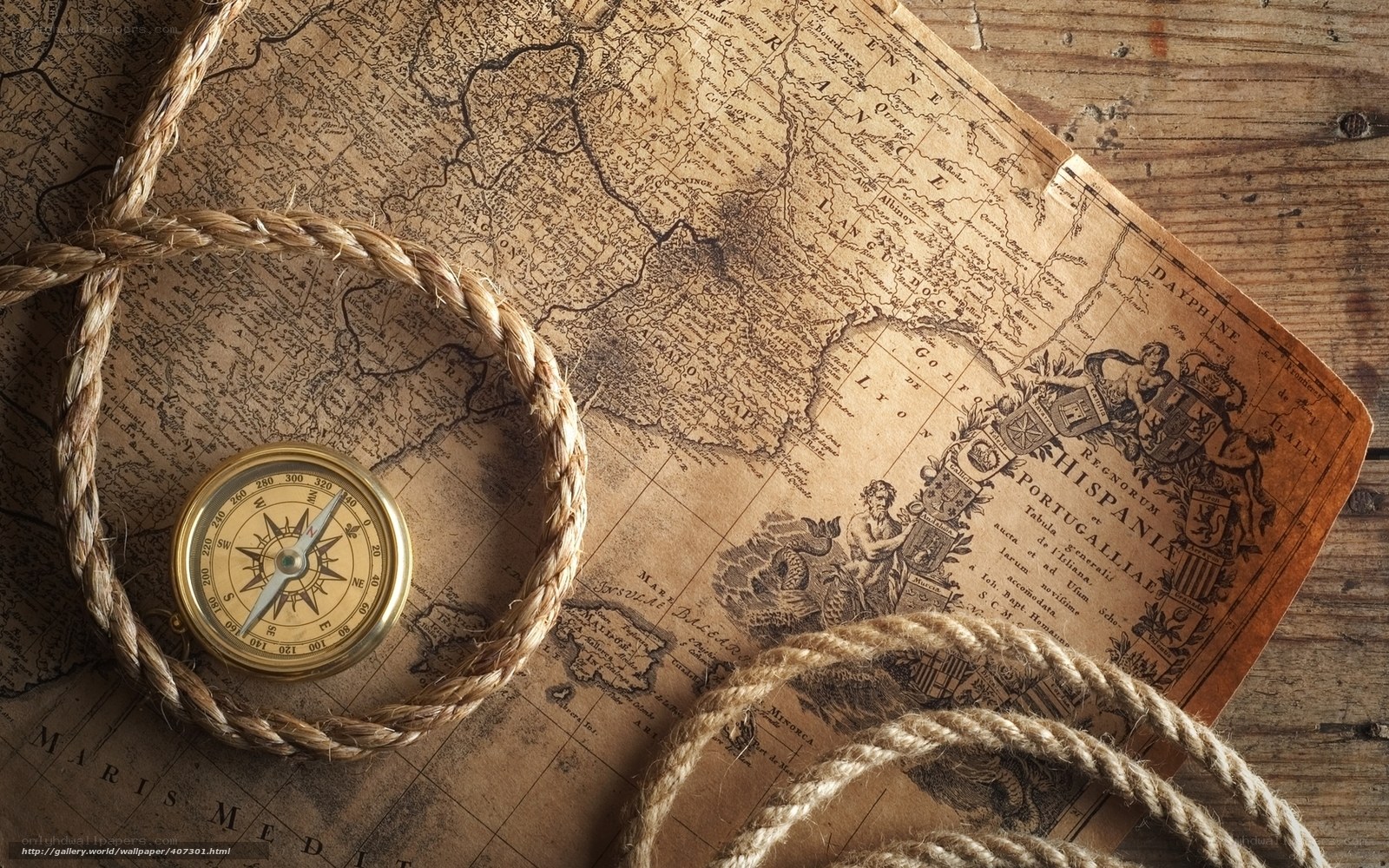 Vintage map with compass and rope