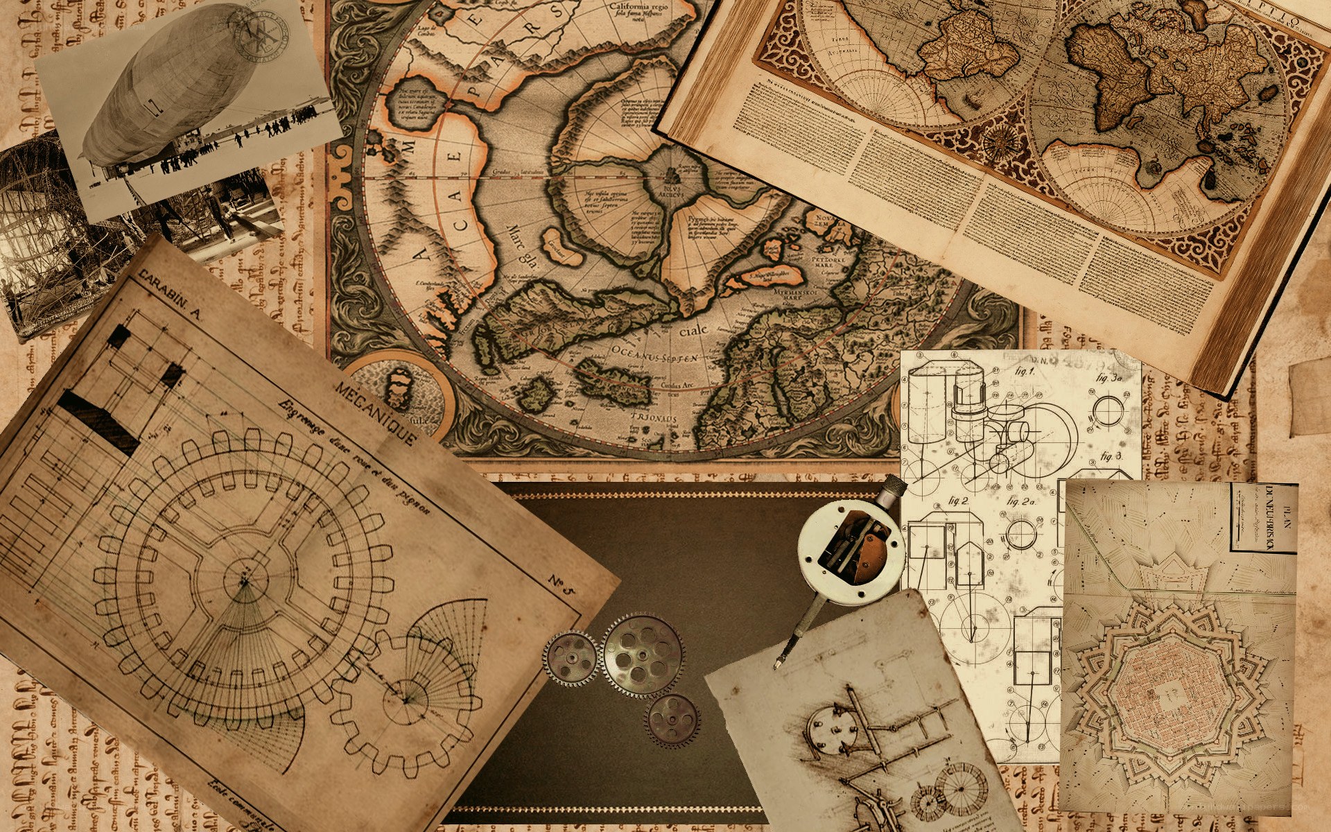 vintage maps and blueprints collage