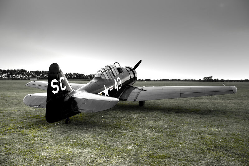 Vintage military aircraft on grass field