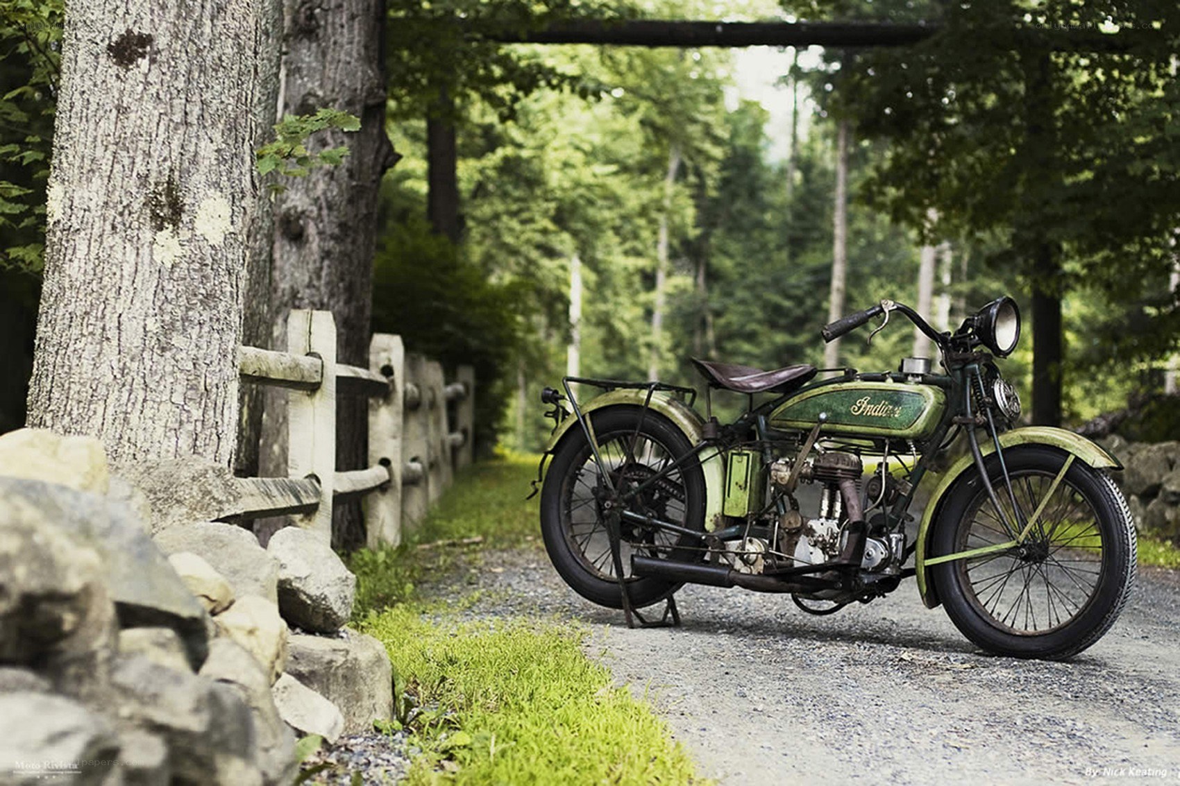 vintage motorcycle on a forest path