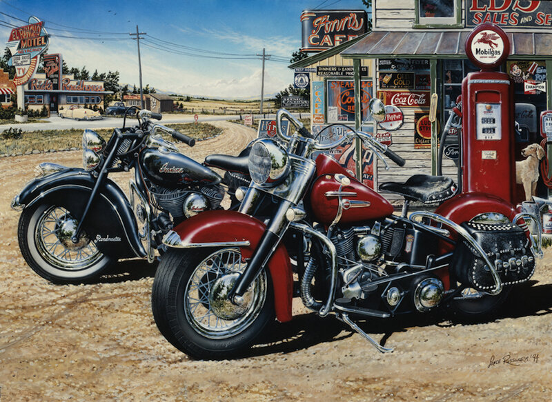 Vintage Motorcycles at Gas Station
