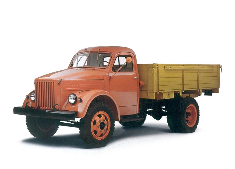 Vintage orange truck with yellow bed