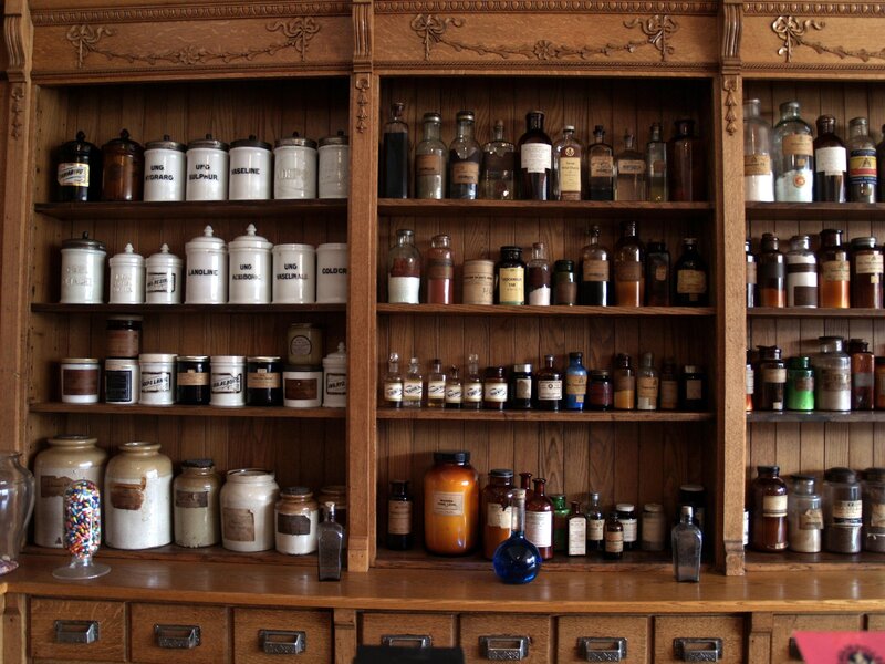 vintage pharmacy shelves