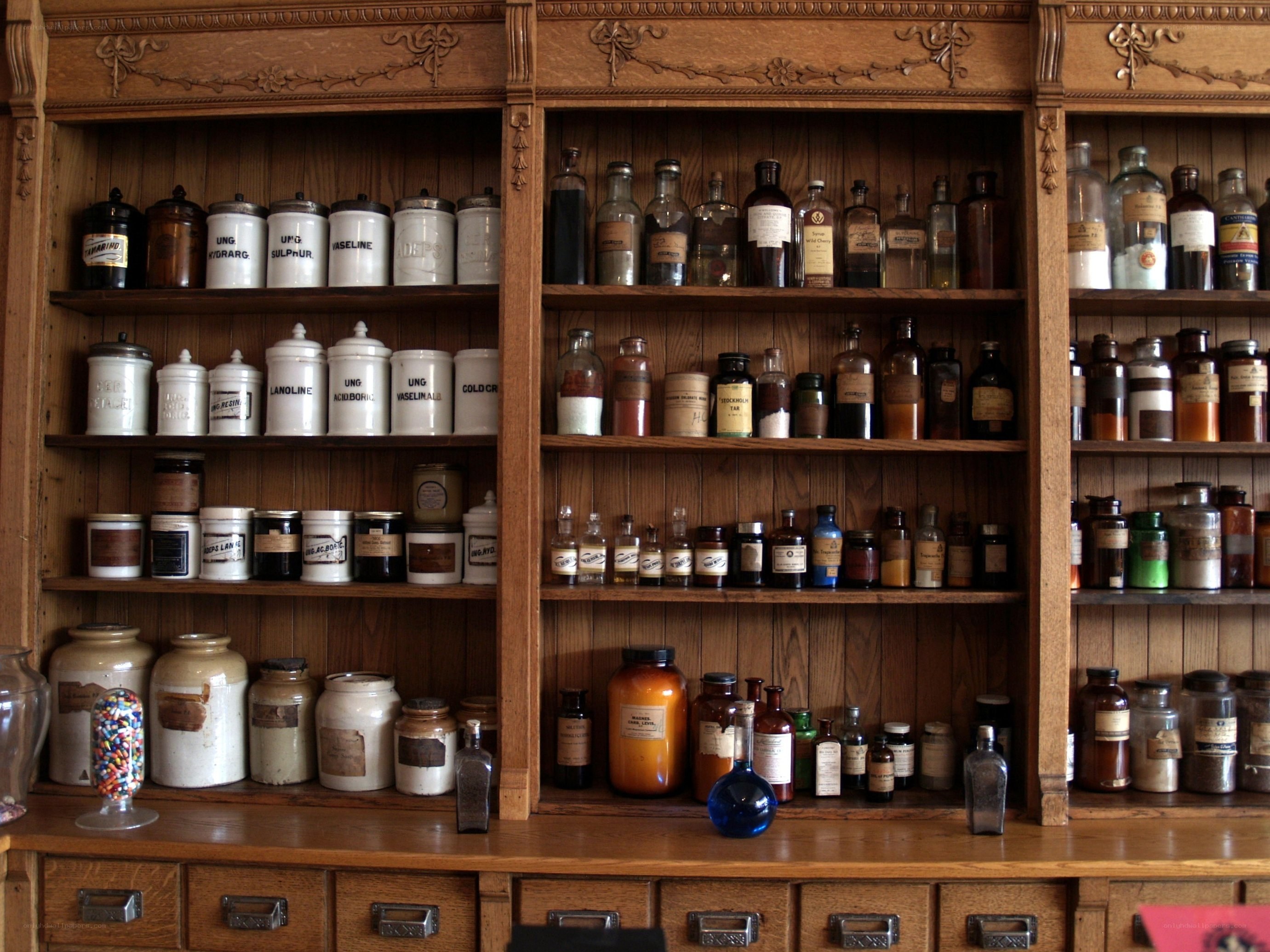 vintage pharmacy shelves