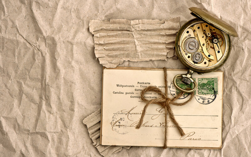 Vintage Postcard and Pocket Watch