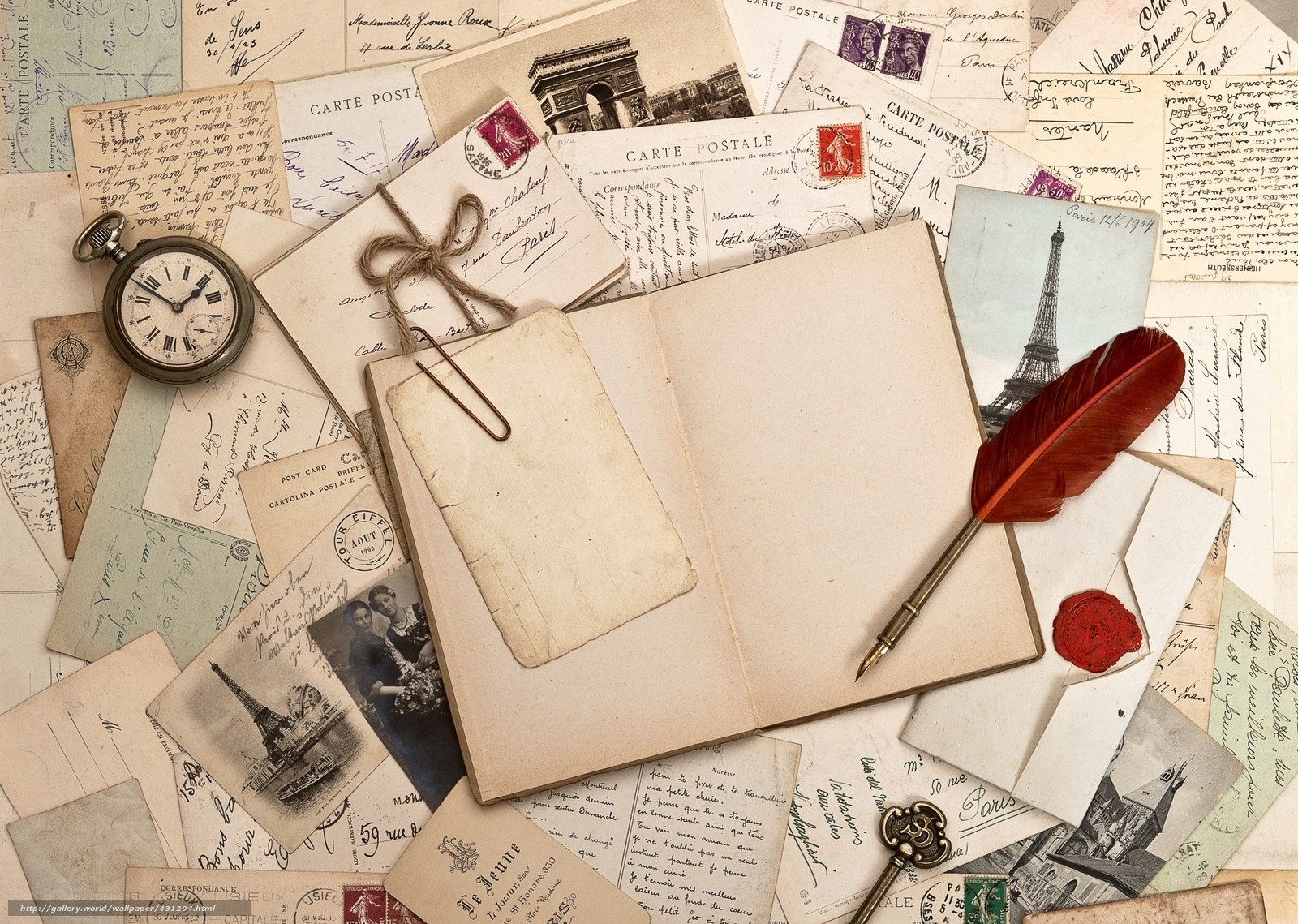 Vintage postcards and writing tools