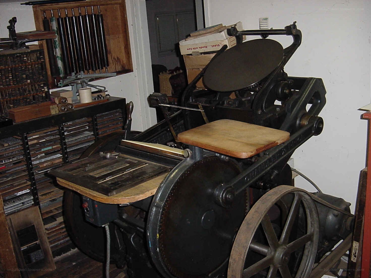vintage printing press in a workshop