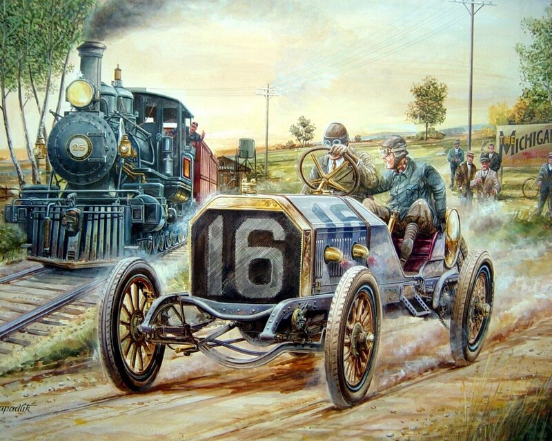 Vintage race car and steam train