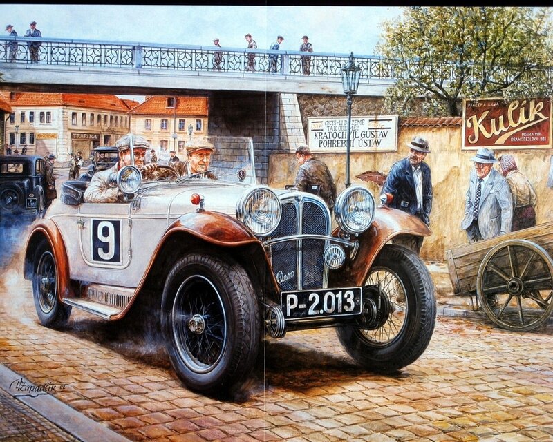 Vintage race car on cobblestones