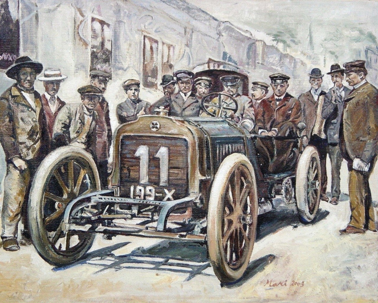 Vintage race car with crowd