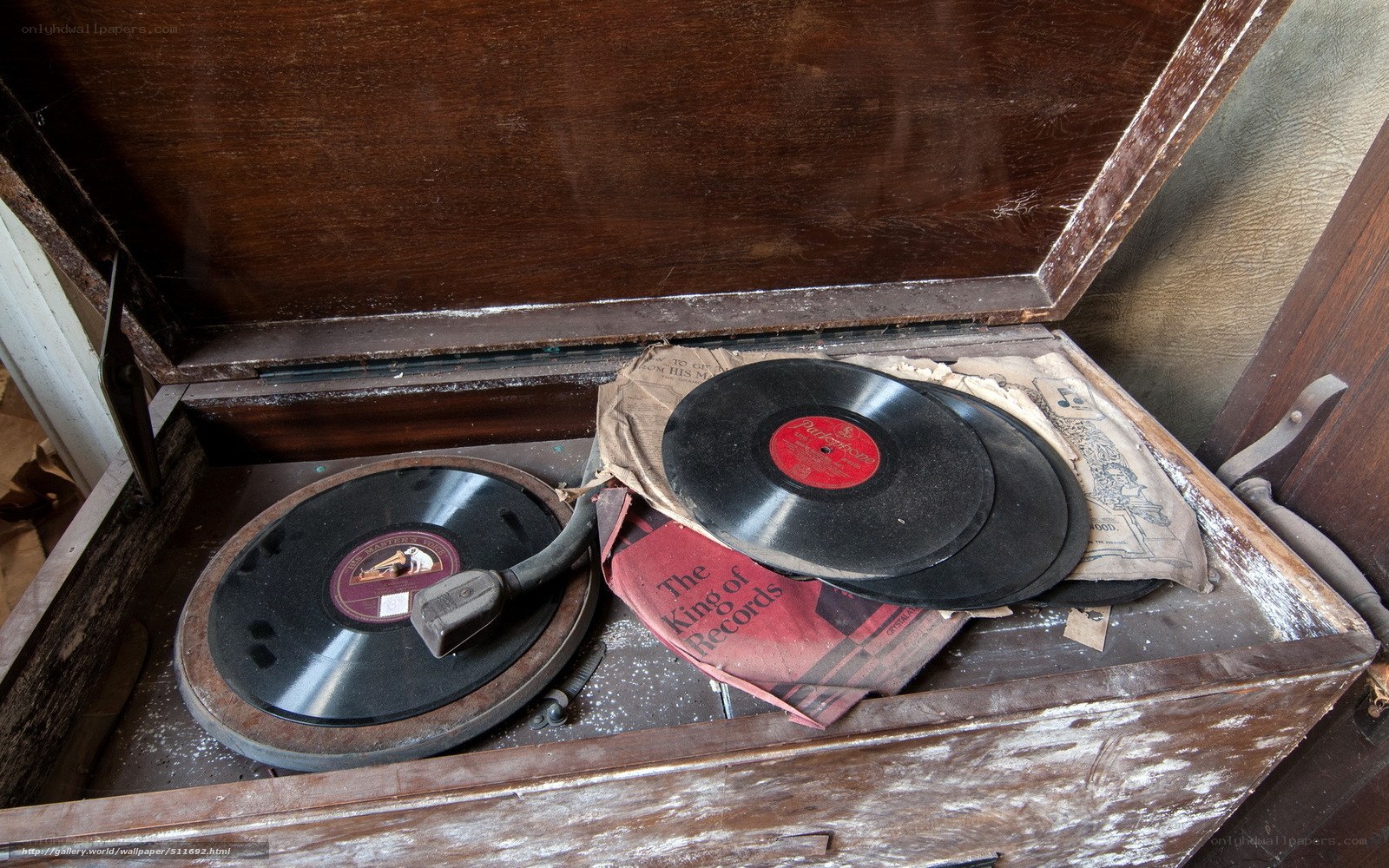 Vintage record player with vinyl discs
