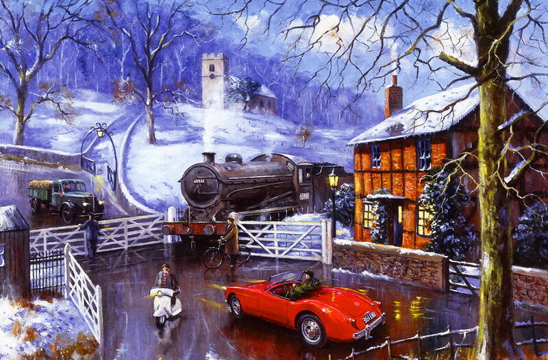 Vintage Red Car at Crossing