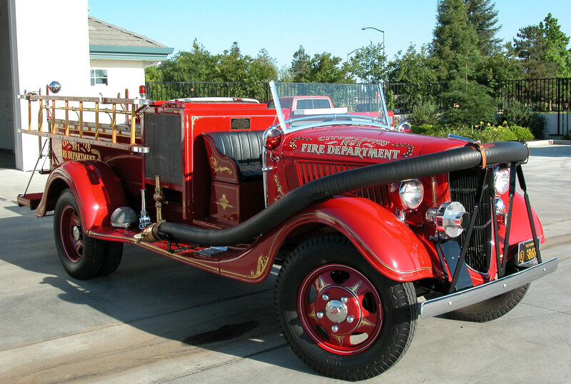 Vintage Red Fire Truck — Calm, Afternoon, Photograph, Ladder