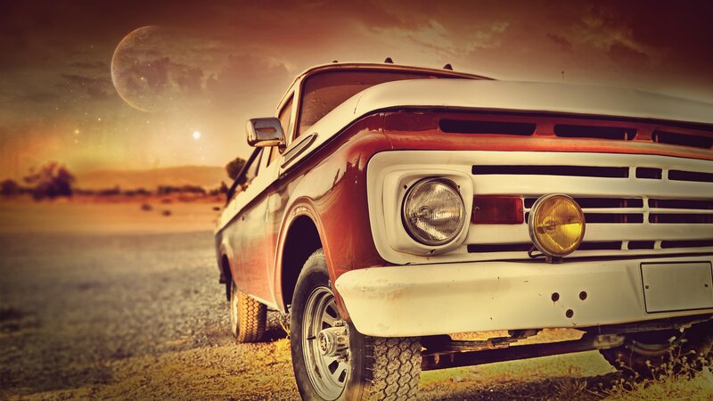 Vintage Red Pickup Truck — Dramatic, Sunset