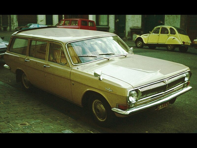 Vintage station wagon on cobblestone street