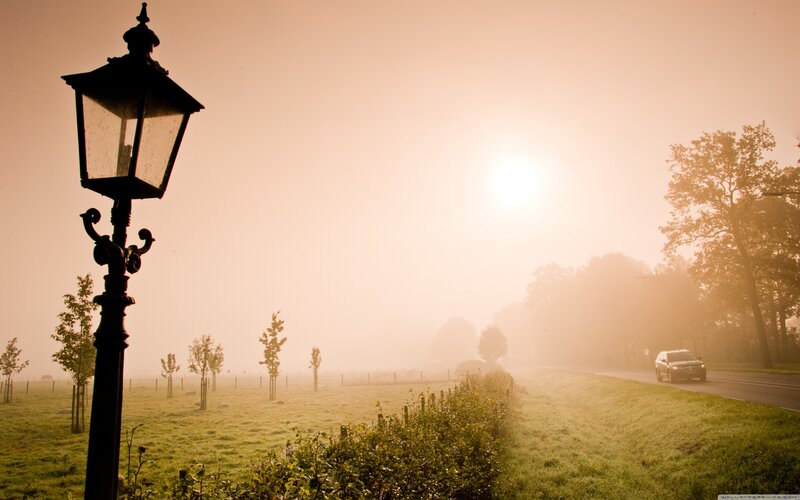 Vintage Street Lamp in Fog — Green