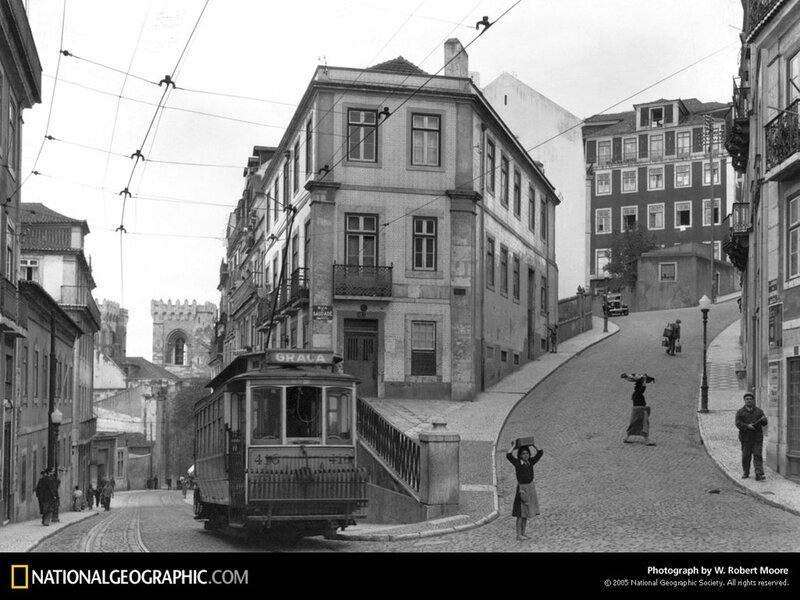 Vintage street scene with tram