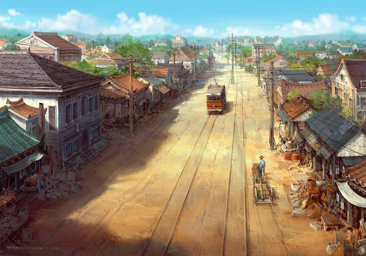 Vintage street with tram