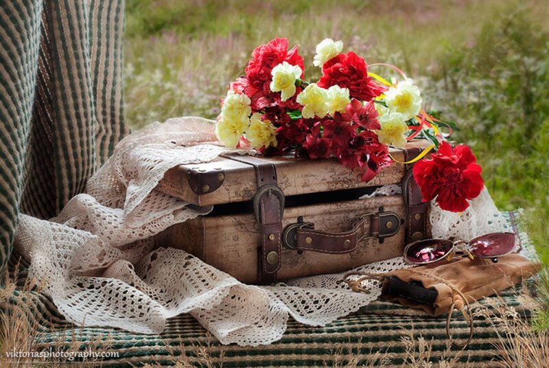 Vintage Suitcase with Flowers