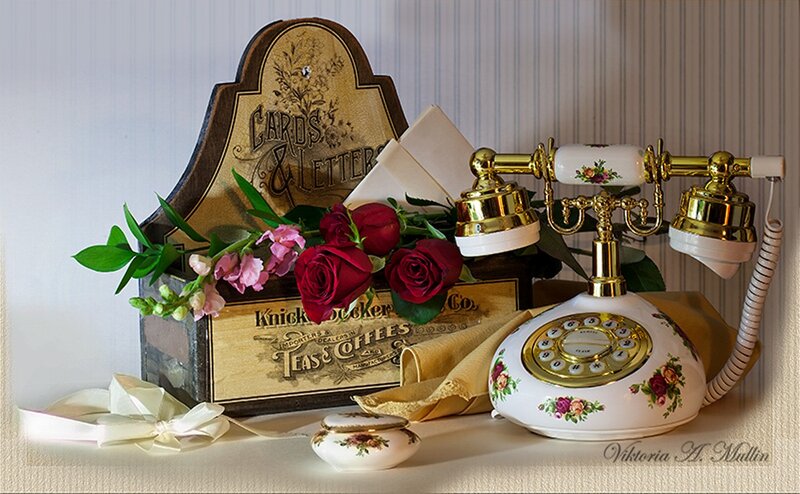 Vintage Telephone and Flowers — White