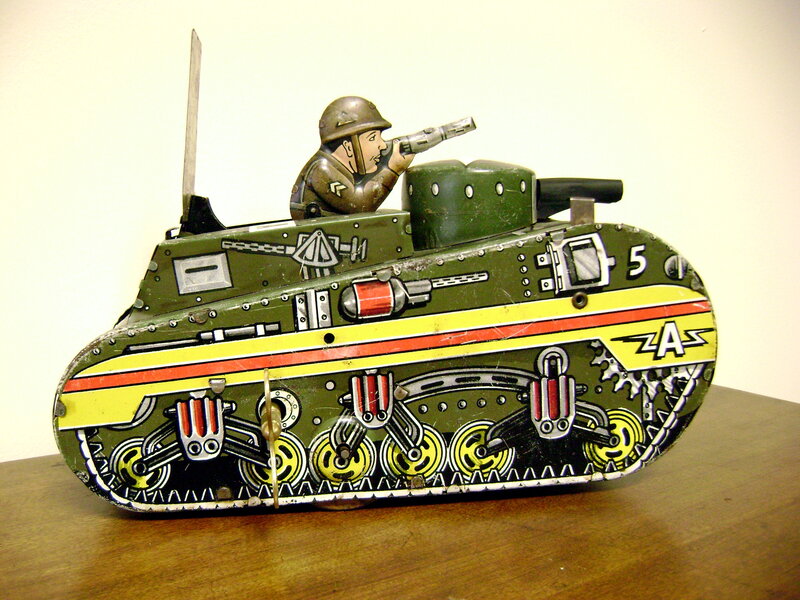 vintage toy tank with soldier