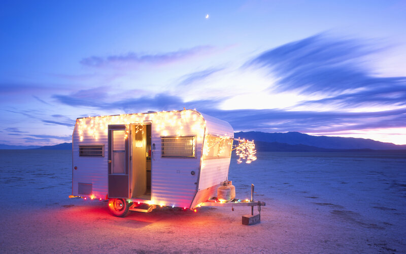 Vintage Trailer in Desert — Blue