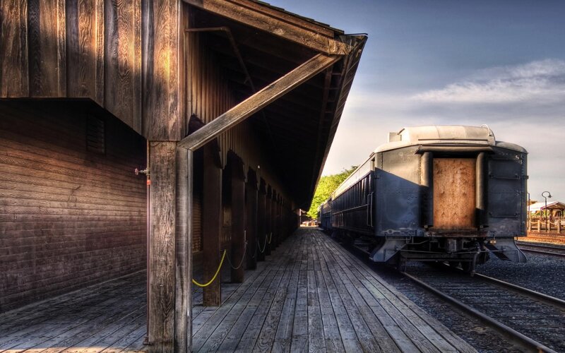 vintage train at wooden station