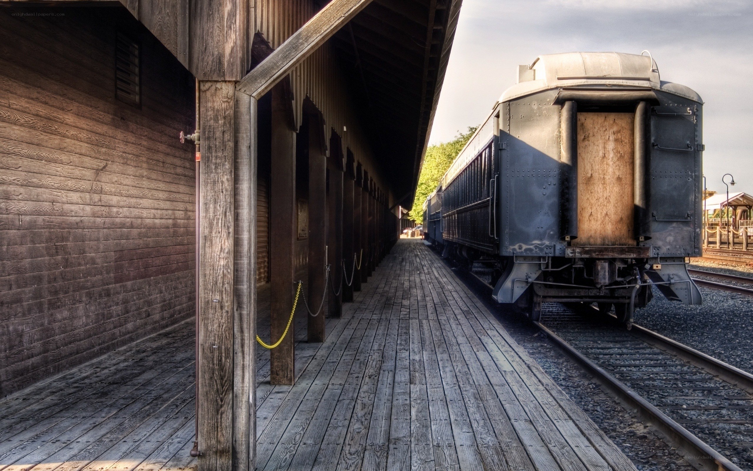 vintage train at wooden station