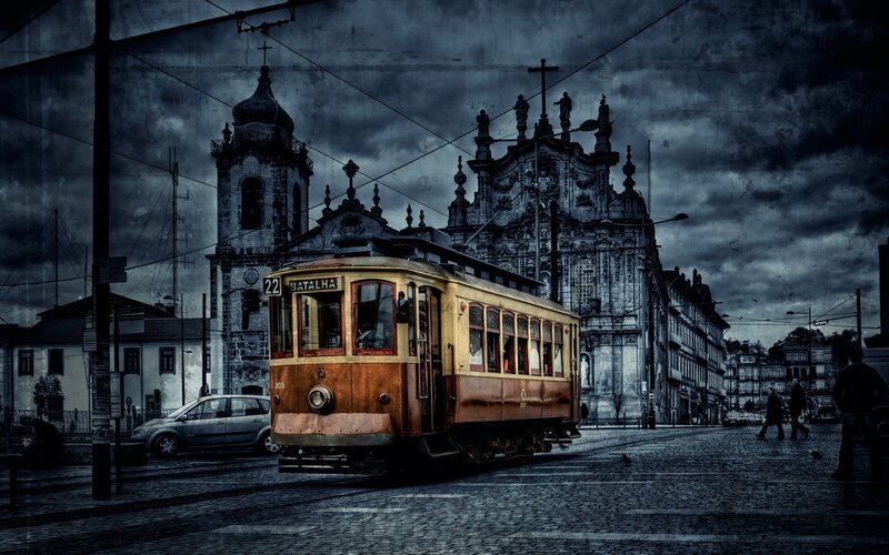 Vintage tram in historic city