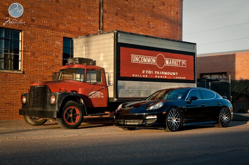 Vintage truck and luxury car