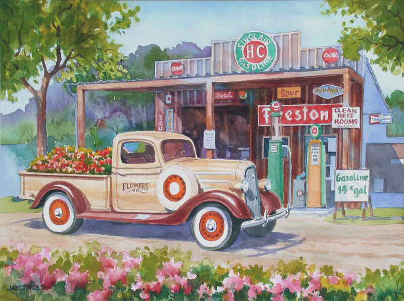 Vintage truck at gas station