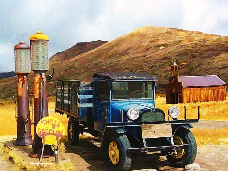 Vintage truck at Shell station