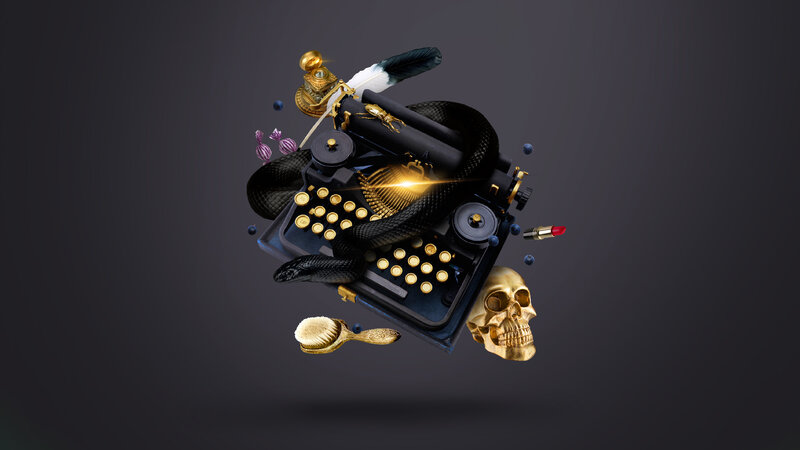 Vintage typewriter with surreal objects