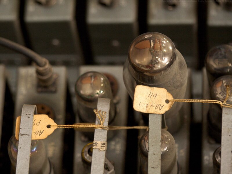 Vintage vacuum tubes in a rack