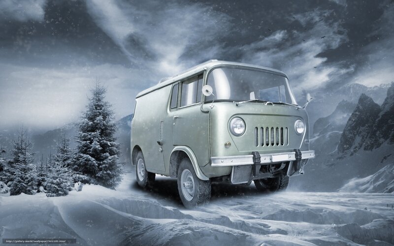 Vintage van in snowy mountains