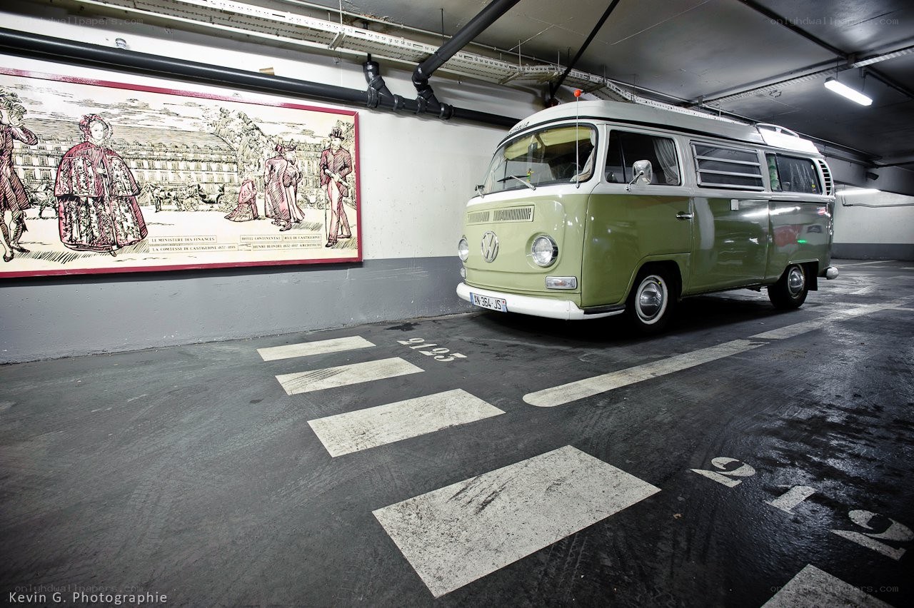 Vintage van in underground garage