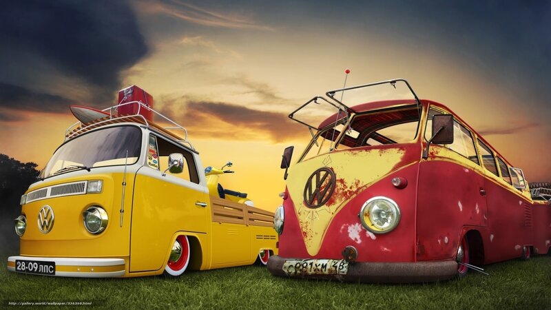 Vintage VW buses on grass