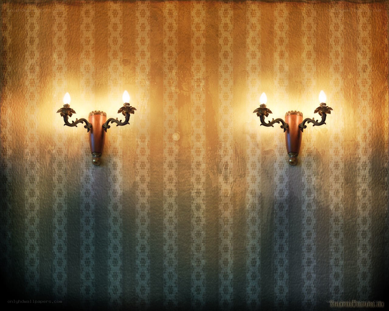 Vintage wall sconces on patterned wallpaper