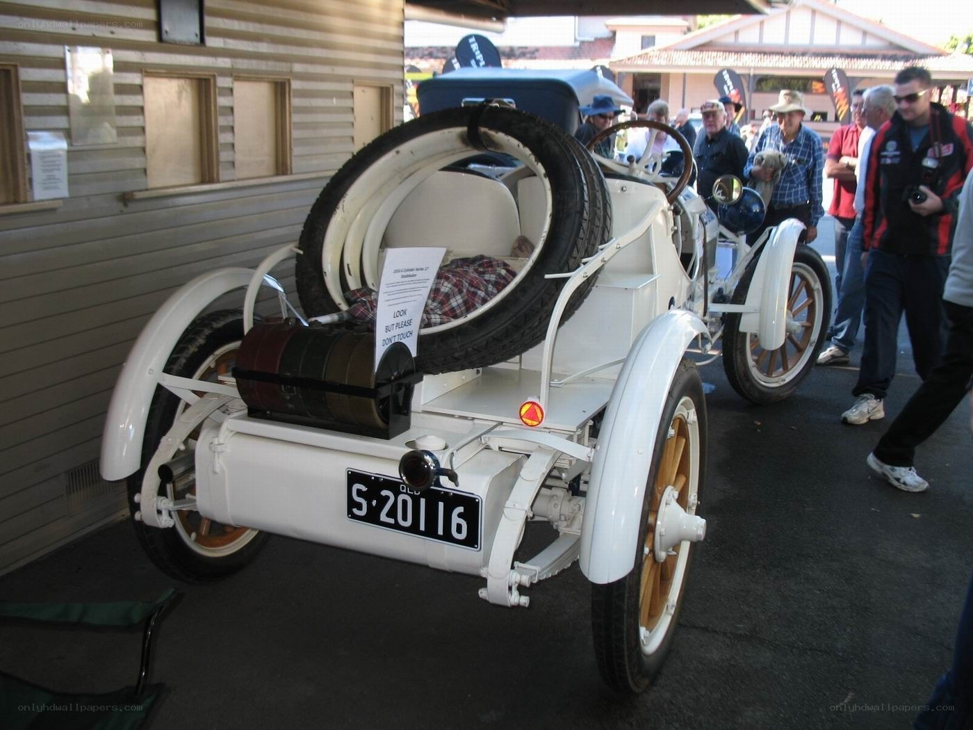Vintage white car on display