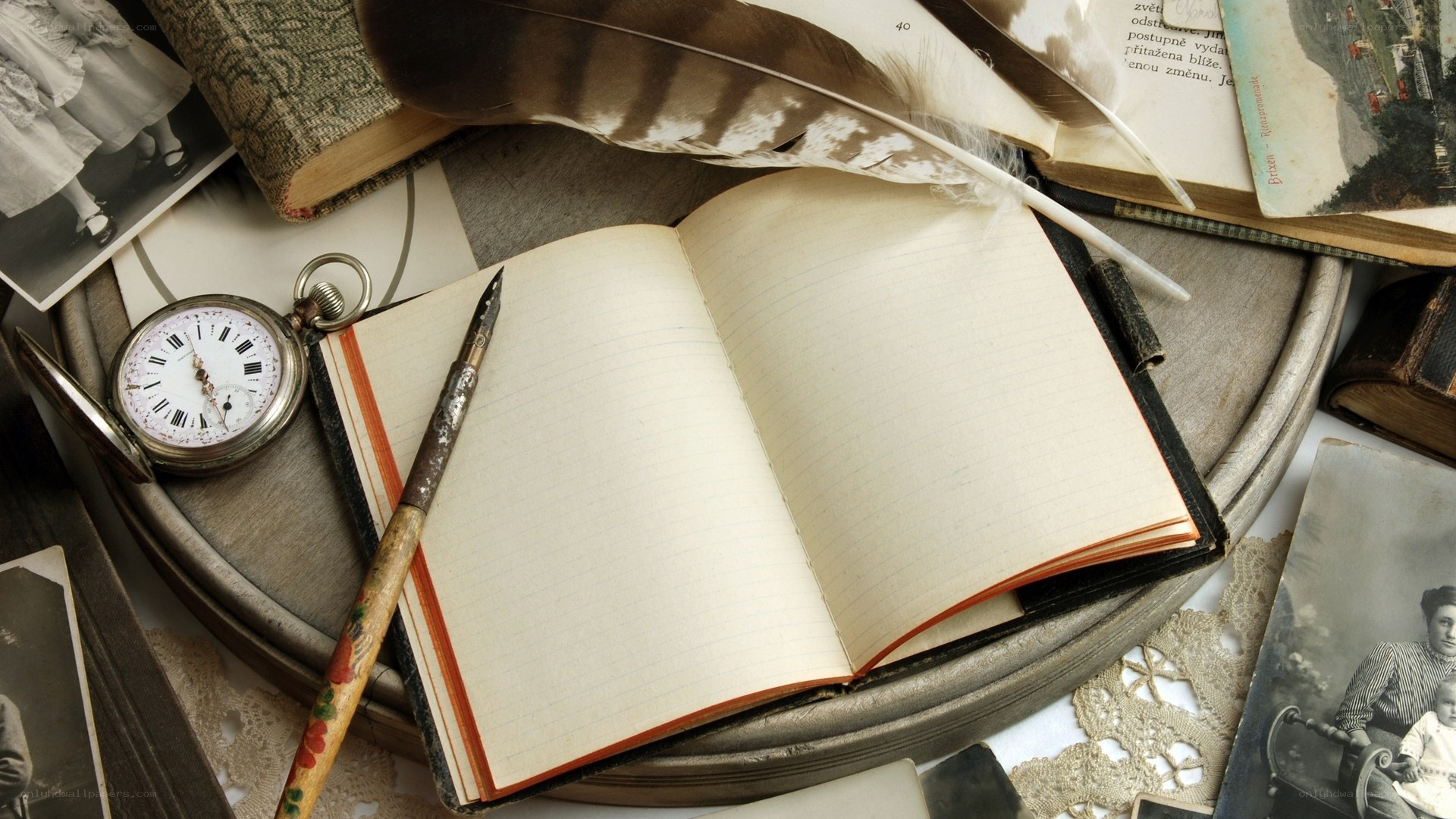 Vintage writing tools and photos