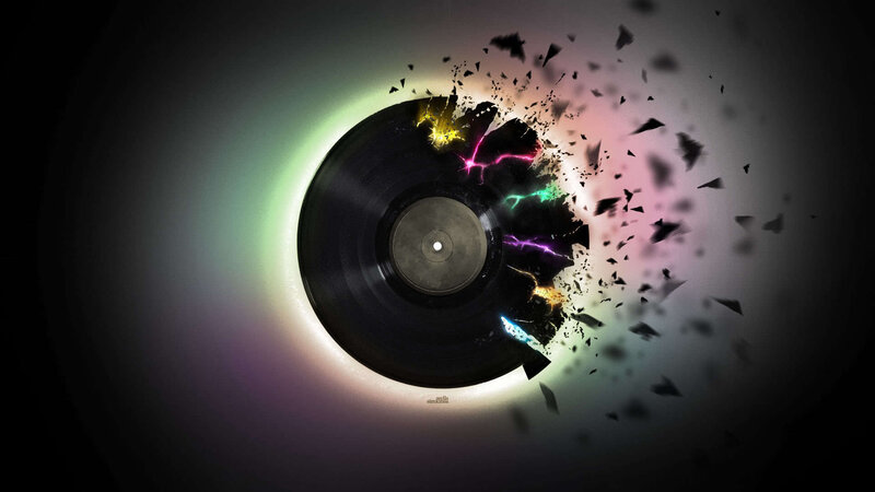 Vinyl Record Explosion — Black, Dramatic, Digital Art, Lightning, Shards, Glow