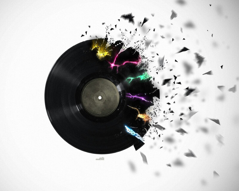 Vinyl Record Explosion — Black, Dramatic, Digital Art, Lightning, Shards