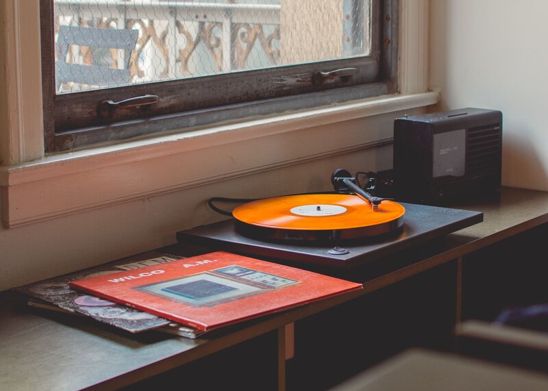 vinyl record player by window